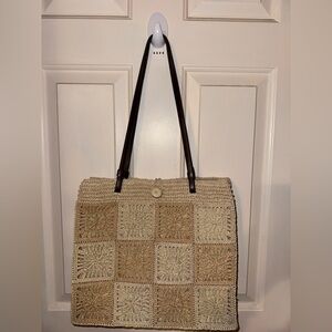 Woven Crochet raffia granny Square Tote Bag in Natural